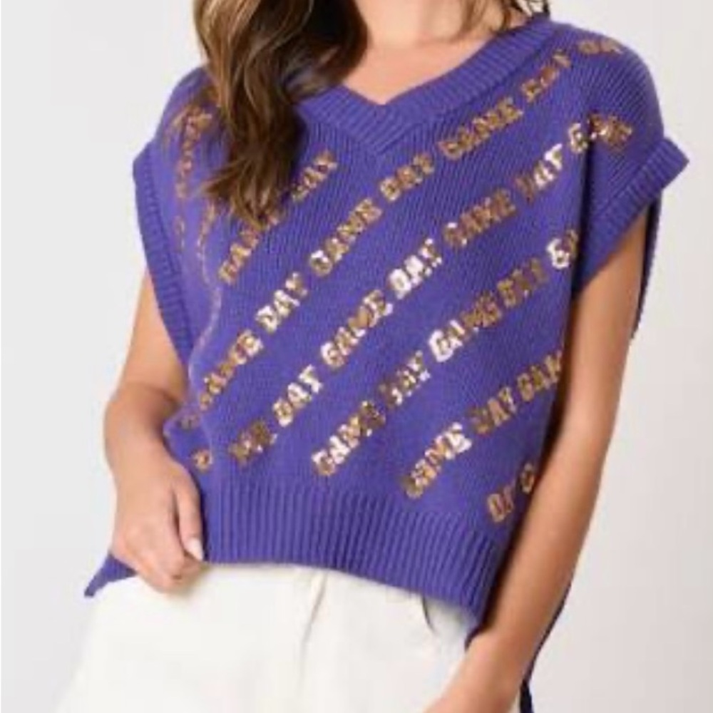 Peach love Purple Knit Sweater Vest with Gold Text